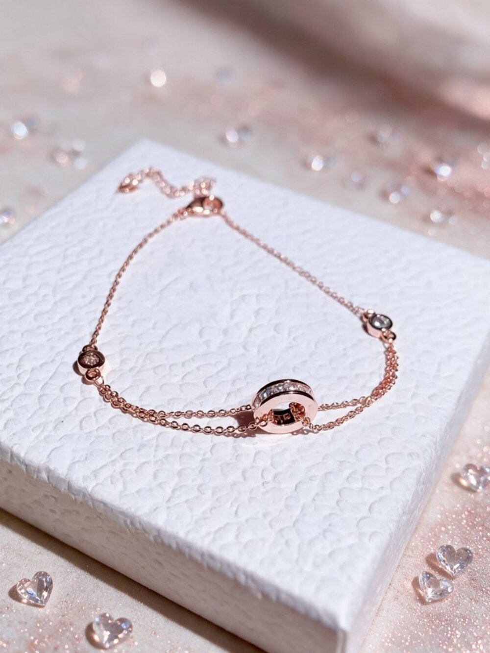 Rose Gold Stainless Steel CZ Circle Adjustable Bracelet